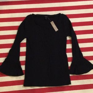 J Crew Black Ribbed Bell Sleeve Top